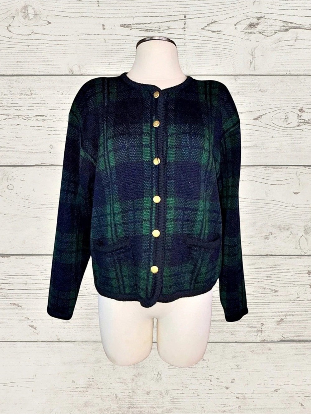 Vintage Tally-Ho Plaid Cardigan Sweater XL Tartan Green Navy Gold Buttons